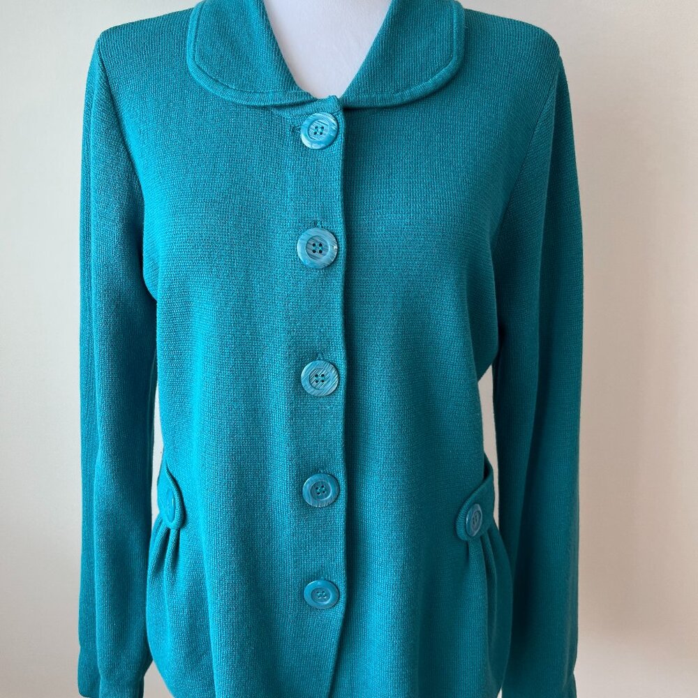 Northern Reflections Teal Cotton Knit Cardigan/Jacket Button Detail Pleats, Sz M